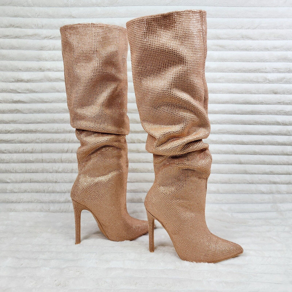 Radiant Nude Beige Rhinestone High Heel Stiletto Slouch Knee High Boots - Totally Wicked Footwear