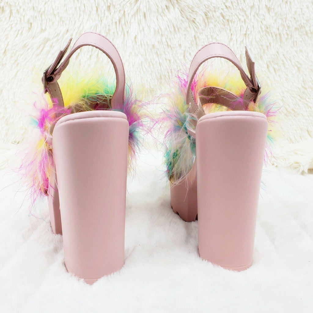 Top Rate Marabou Double Strap Chunky High Heels Platform Sandal Shoes Multicolor - Totally Wicked Footwear