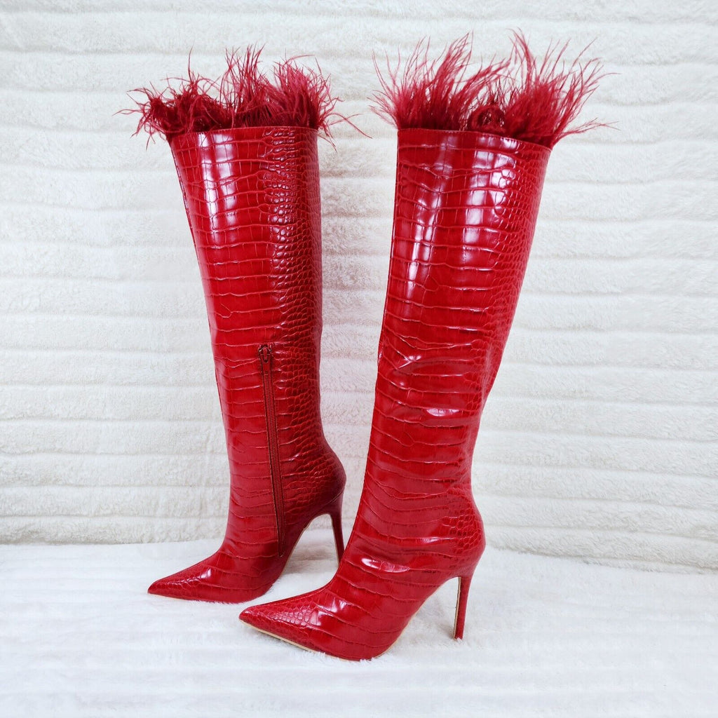 Flirty Red Snake Texture Knee High Heel Stiletto Boots Sexy Feather Top - Totally Wicked Footwear