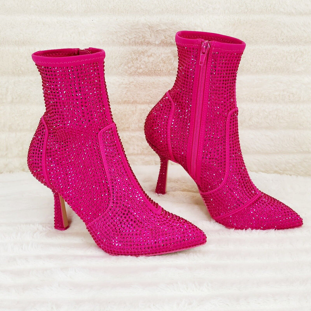 Stunning Fuchsia Hot Pink Stretch Rhinestone Ankle Boots 3.5" Heels - Totally Wicked Footwear