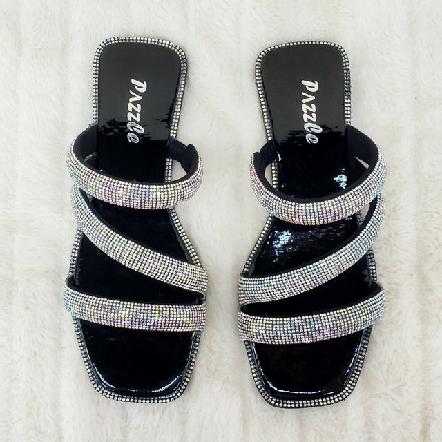 Sparkle Triple Padded Strap Slip On Iridescent Rhinestone Sandals Black - Totally Wicked Footwear