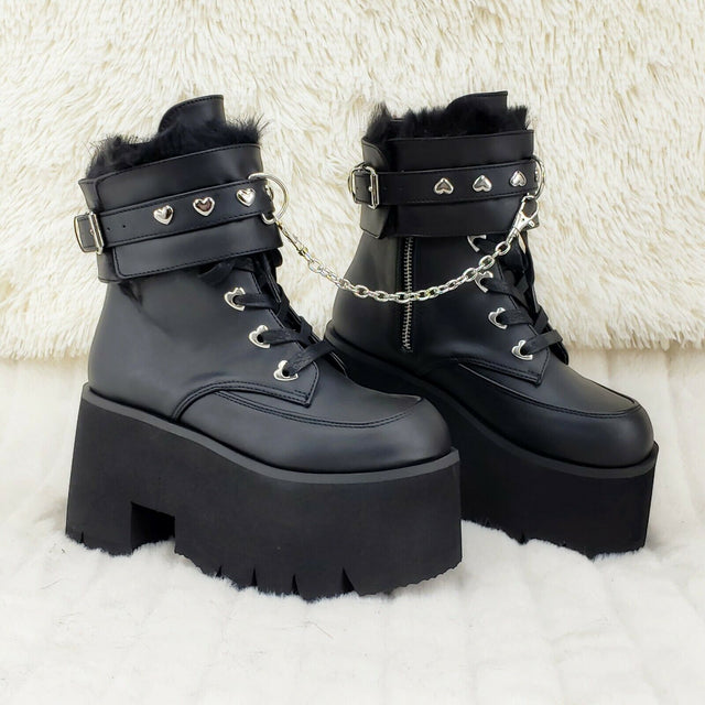 Ashes 57 Black Heart Studs 3.5" Platform Goth Boots Fur Lined Cuffs & Chain NY - Totally Wicked Footwear