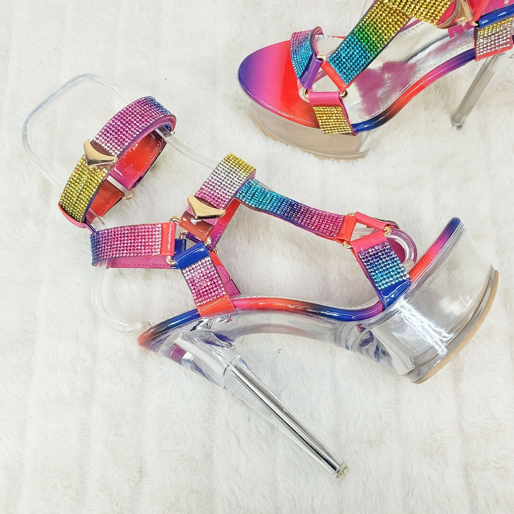 Xapala Rainbow Rhinestone Harness Strap Clear Platform High Heel Shoes - Totally Wicked Footwear