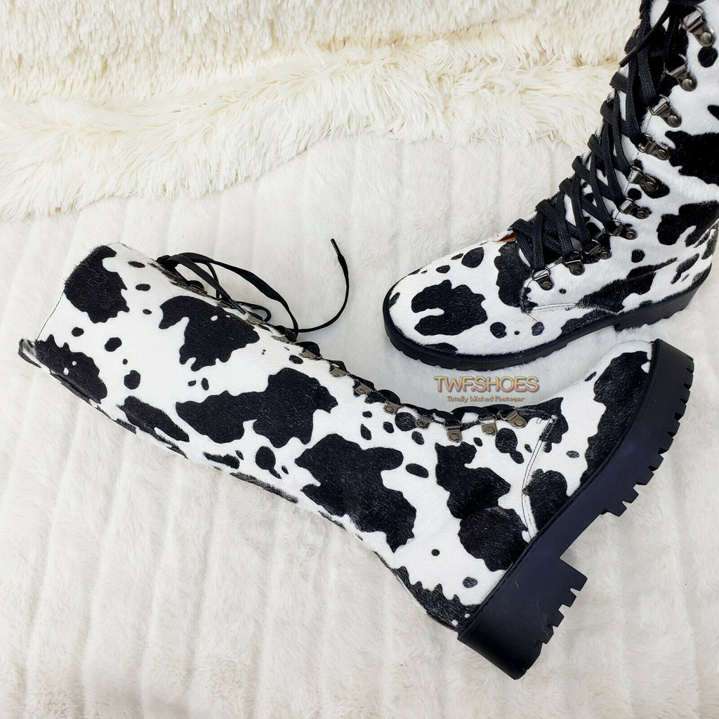 Savage Goth Punk Rock Faux Cow Fur Lace Up Platform Combat Knee Boots - Totally Wicked Footwear
