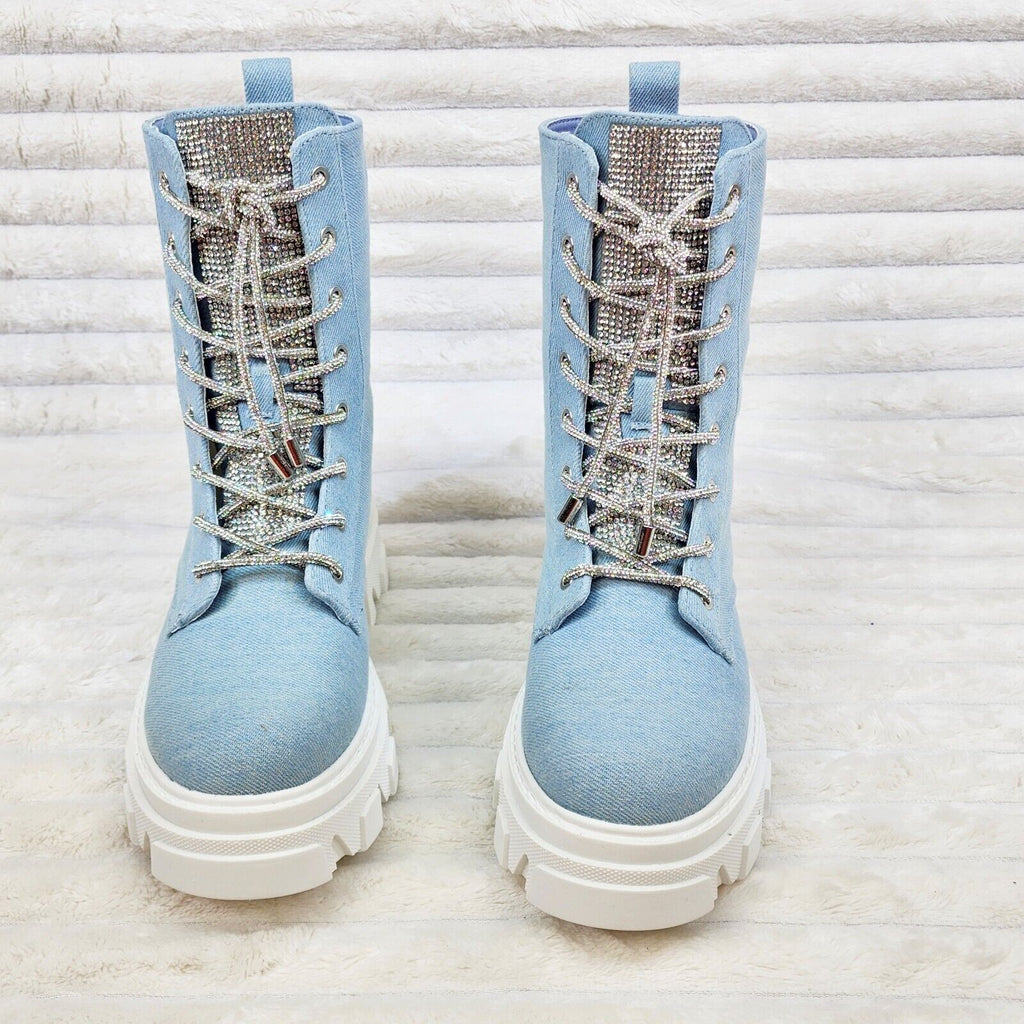 Rowan Denim Combat Ankle Boots Iridescent Rhinestone Tongue and Rope Laces - Totally Wicked Footwear