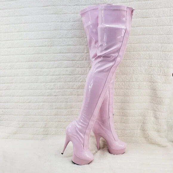 Baby Pink White Patent Platform Thigh High Heel Front Zipper Lace up Boots 3027 - Totally Wicked Footwear