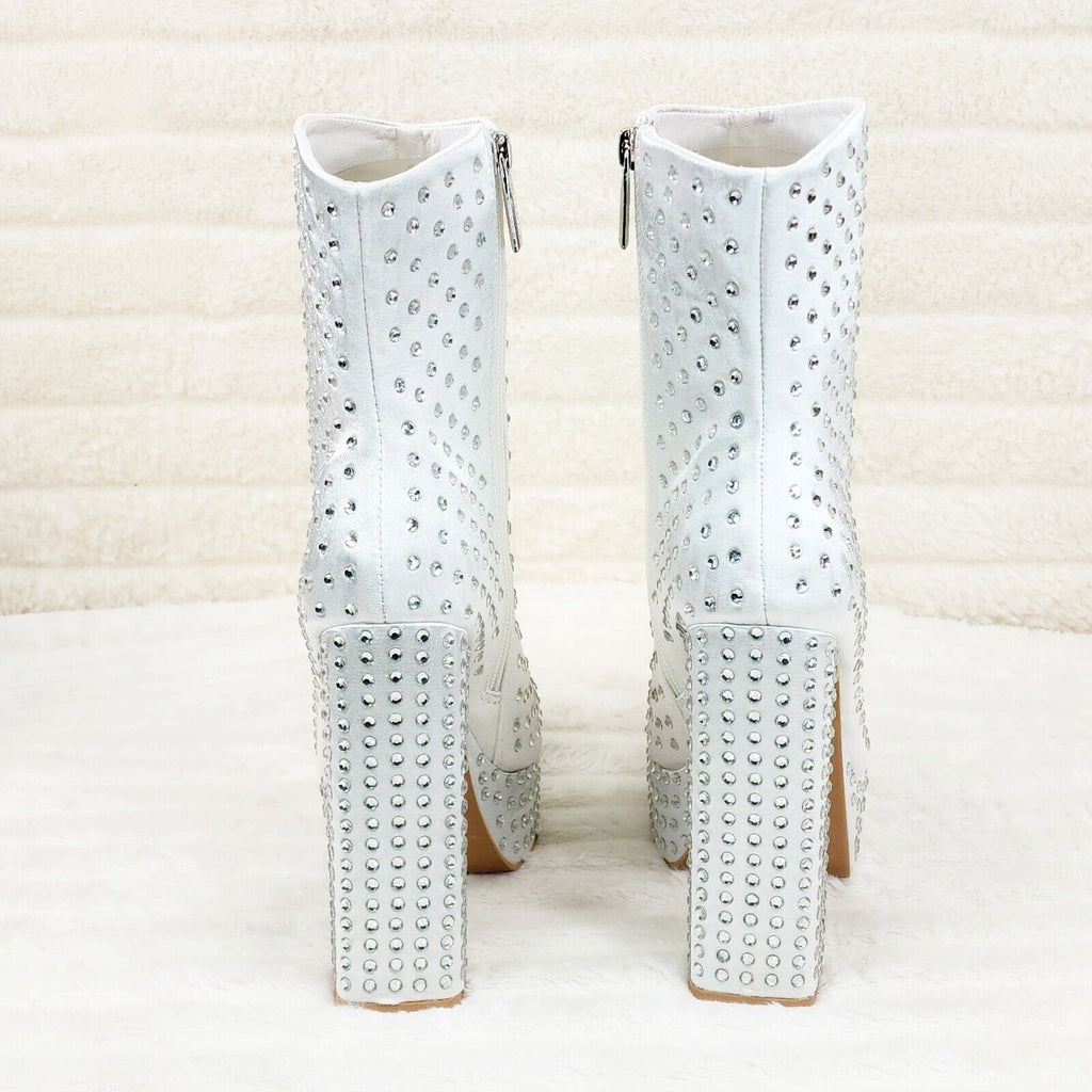Fame Platform Chunky Block Heel Rhinestone Ankle Boots White Satin Brand New - Totally Wicked Footwear