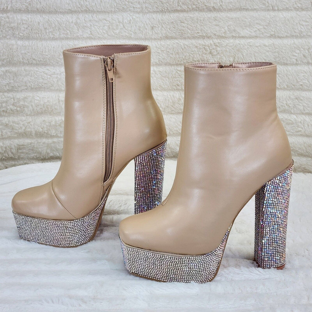 Nikki Cream Leatherette Rhinestone Platform Chunky Heel Ankle Boots - Totally Wicked Footwear