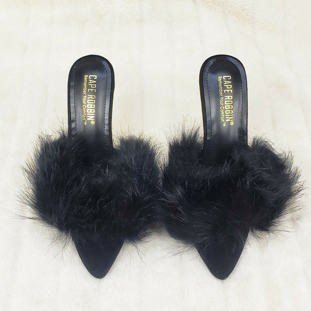 Fuji Furry Pointy Toe Slip On 4.5" Gold Tone Slim Heels Black - Totally Wicked Footwear