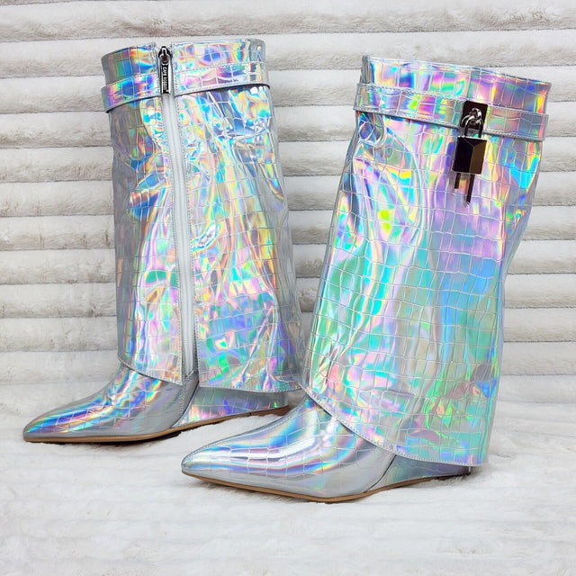 Vision Royal Silver Hologram Wedge Heel Fold Over Skirted Ankle Boots - Totally Wicked Footwear