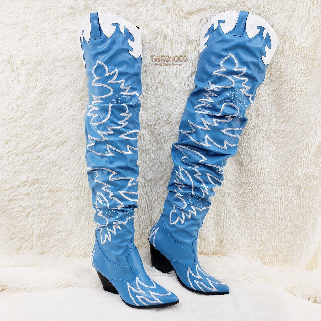 Kelsey 21 Rock Star Turquoise & White Western Slouch OTK Thigh High Cowboy Boots - Totally Wicked Footwear