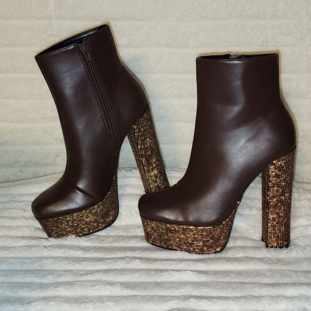Nikki Brown Leatherette Rhinestone Platform Chunky Heel Ankle Boots - Totally Wicked Footwear