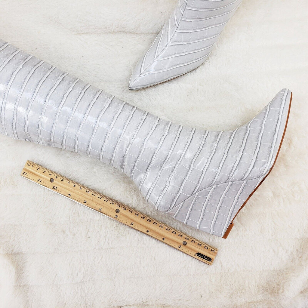 Ice White / Grey Reptile Texture Knee High Wedge Heel Boots Lexis - Totally Wicked Footwear