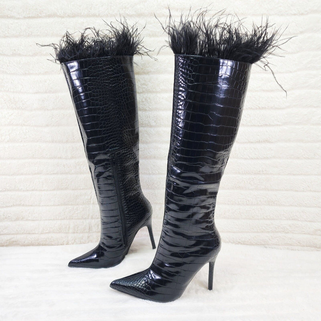 Flirty Black Snake Texture Knee High Heel Stiletto Boots Sexy Feather Top - Totally Wicked Footwear