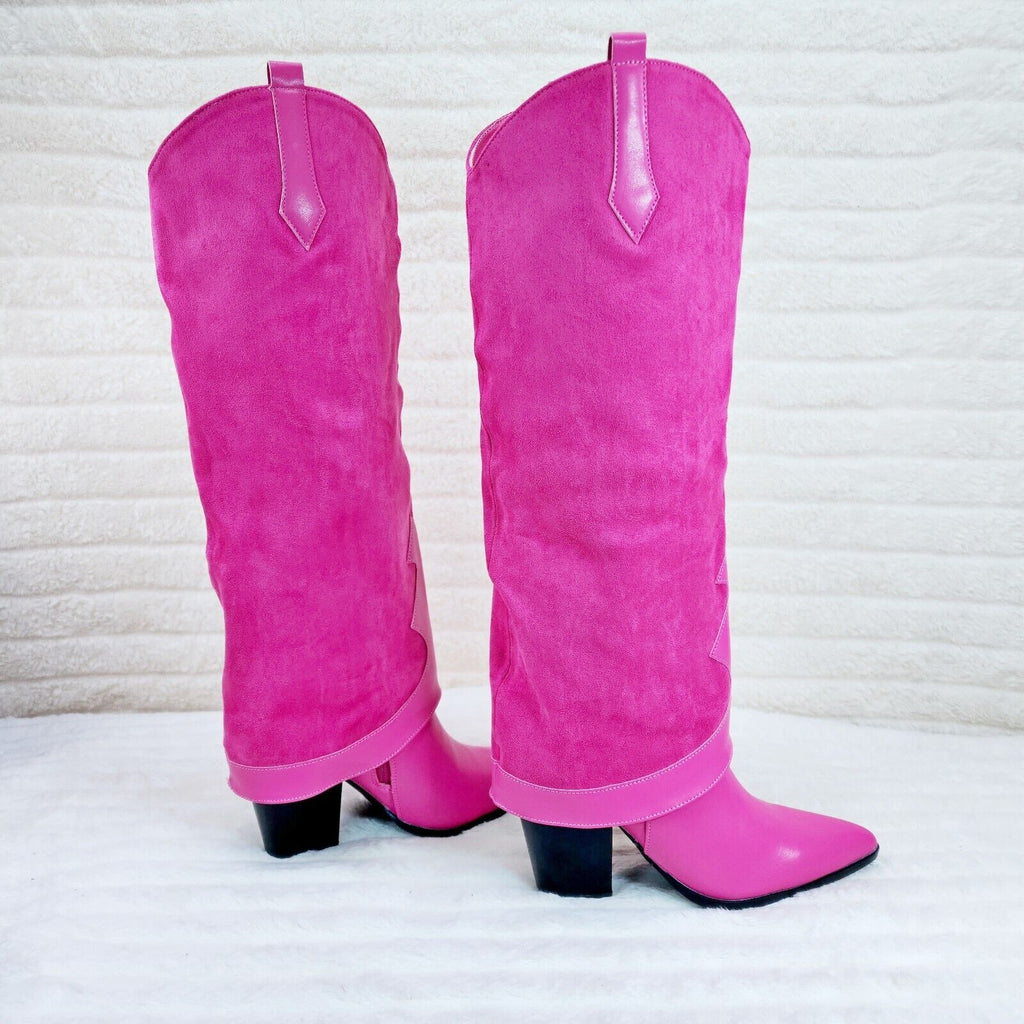 Branded Fuchsia Pink Skirted Fold Over Western Knee High Cowgirl Boots - Totally Wicked Footwear