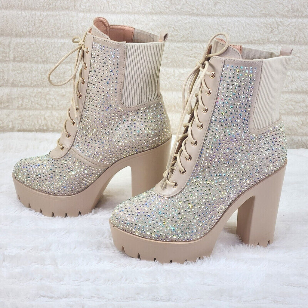 Barri Nude Beige Cream Rhinestone Chunky Heel Platform Ankle Boots - Totally Wicked Footwear