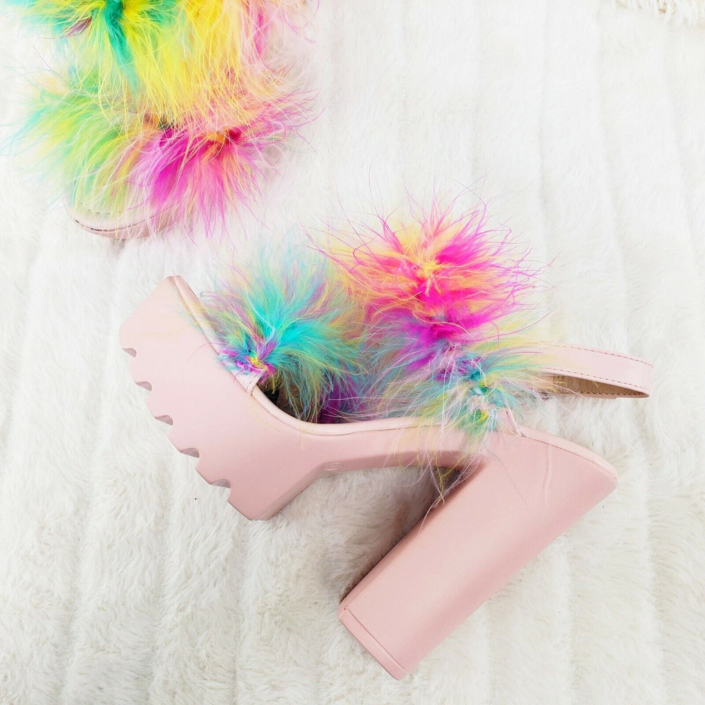 Top Rate Marabou Double Strap Chunky High Heels Platform Sandal Shoes Multicolor - Totally Wicked Footwear