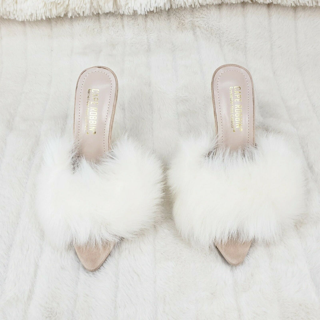 Fuji Furry Pointy Toe Slip On 4.5" Gold Tone Slim Heels Nude - Totally Wicked Footwear