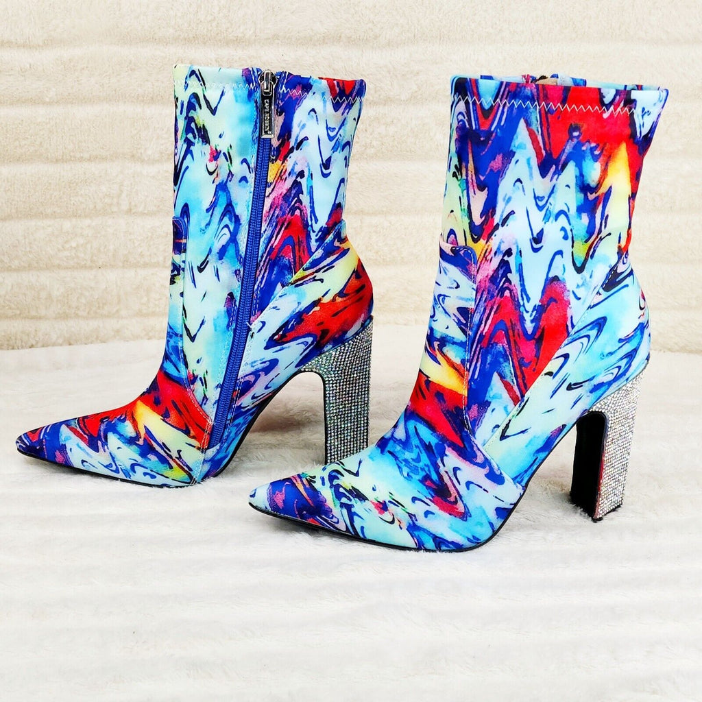 Regal Multi Color Print Stretch Upper Rhinestone Heel Ankle Boots - Totally Wicked Footwear