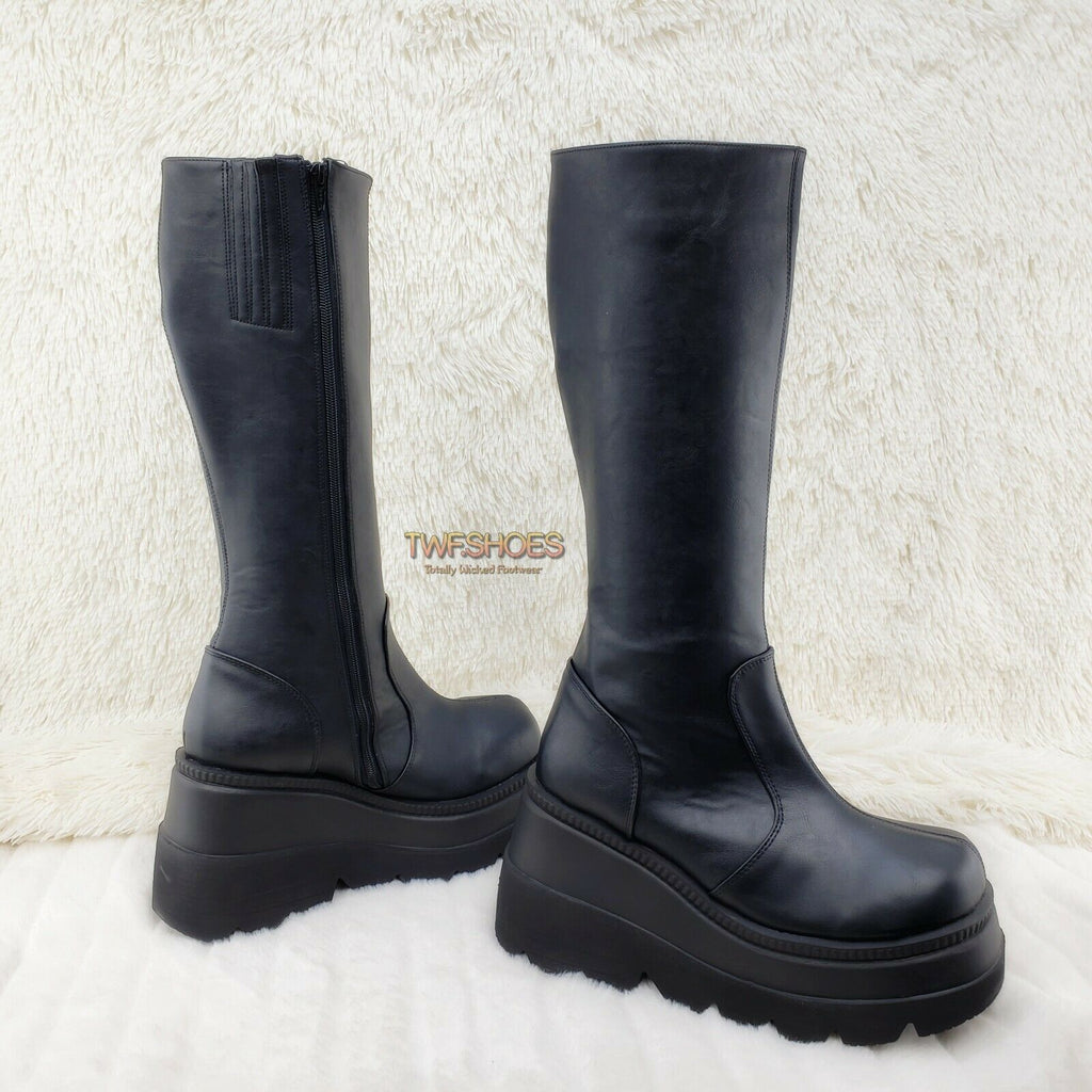 Demonia Shaker 100 Black Matte Platform 4.5" Wedge Heel Knee Boots NY - Totally Wicked Footwear