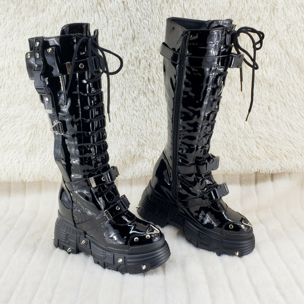 Wang Black Patent Punk Festival 2" Platform 4.5" Wedge Knee Boot Space Cookies - Totally Wicked Footwear