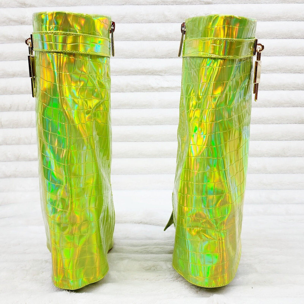 Vision Lime Yellow Hologram Wedge Heel Fold Over Skirted Ankle Boots - Totally Wicked Footwear