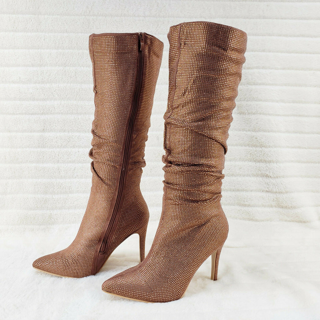 Sparkle Trend Brown Rhinestone Slouchy Scrunch High Heel Knee Boots - Totally Wicked Footwear