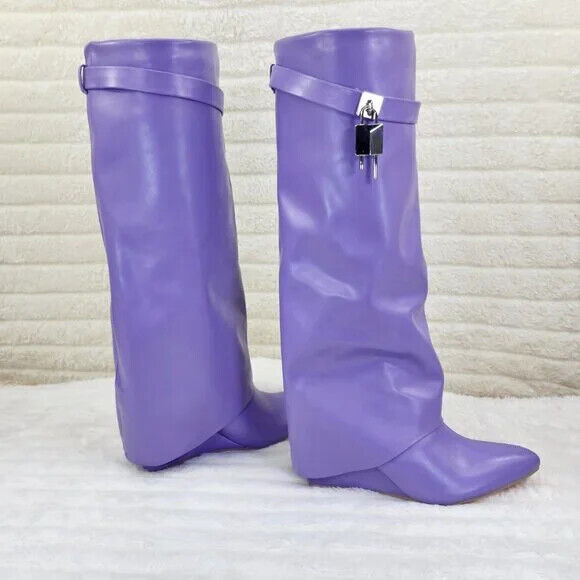 Fold Over Skirted Knee Boots 3" Wedge Heel Pull On Half Zipper Lilac Purple - Totally Wicked Footwear