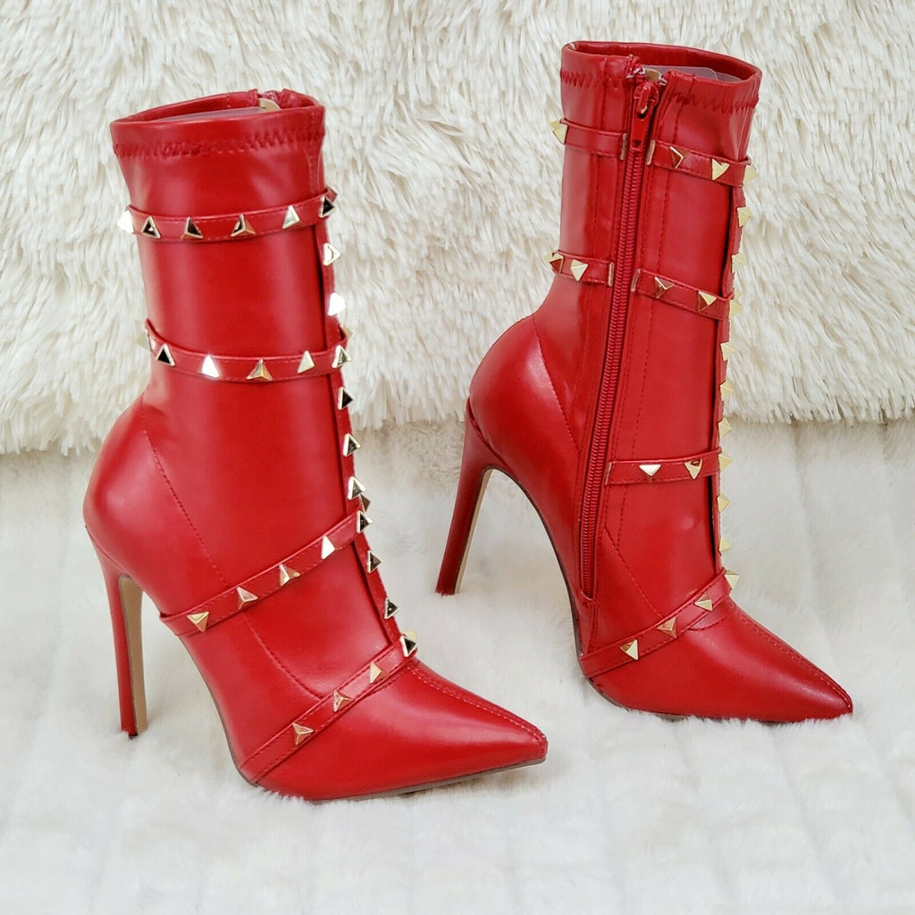 Mark Pyramid Stud Strap High Heel Pointy Toe Stretch Ankle Boots Red - Totally Wicked Footwear