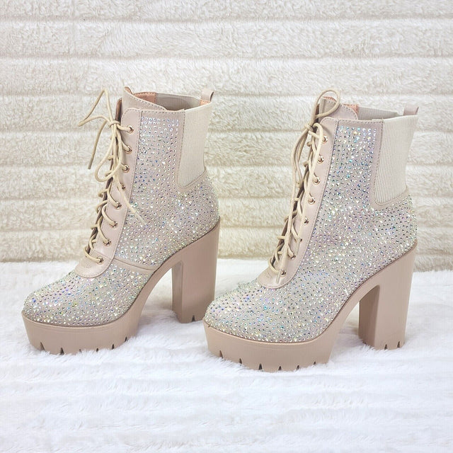 Barri Nude Beige Cream Rhinestone Chunky Heel Platform Ankle Boots - Totally Wicked Footwear