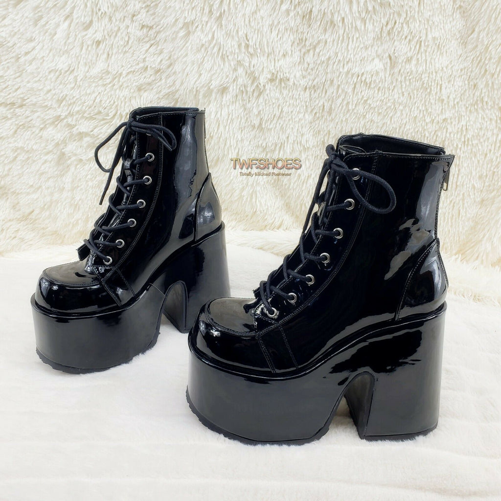 Demonia 203 Camel Stacked Black Patent Platform Goth Punk Ankle Boots RESTOCK NY - Totally Wicked Footwear
