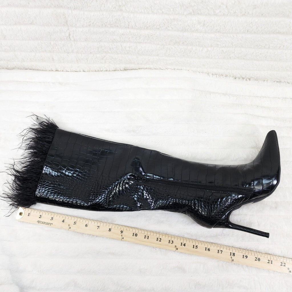 Flirty Black Snake Texture Knee High Heel Stiletto Boots Sexy Feather Top - Totally Wicked Footwear