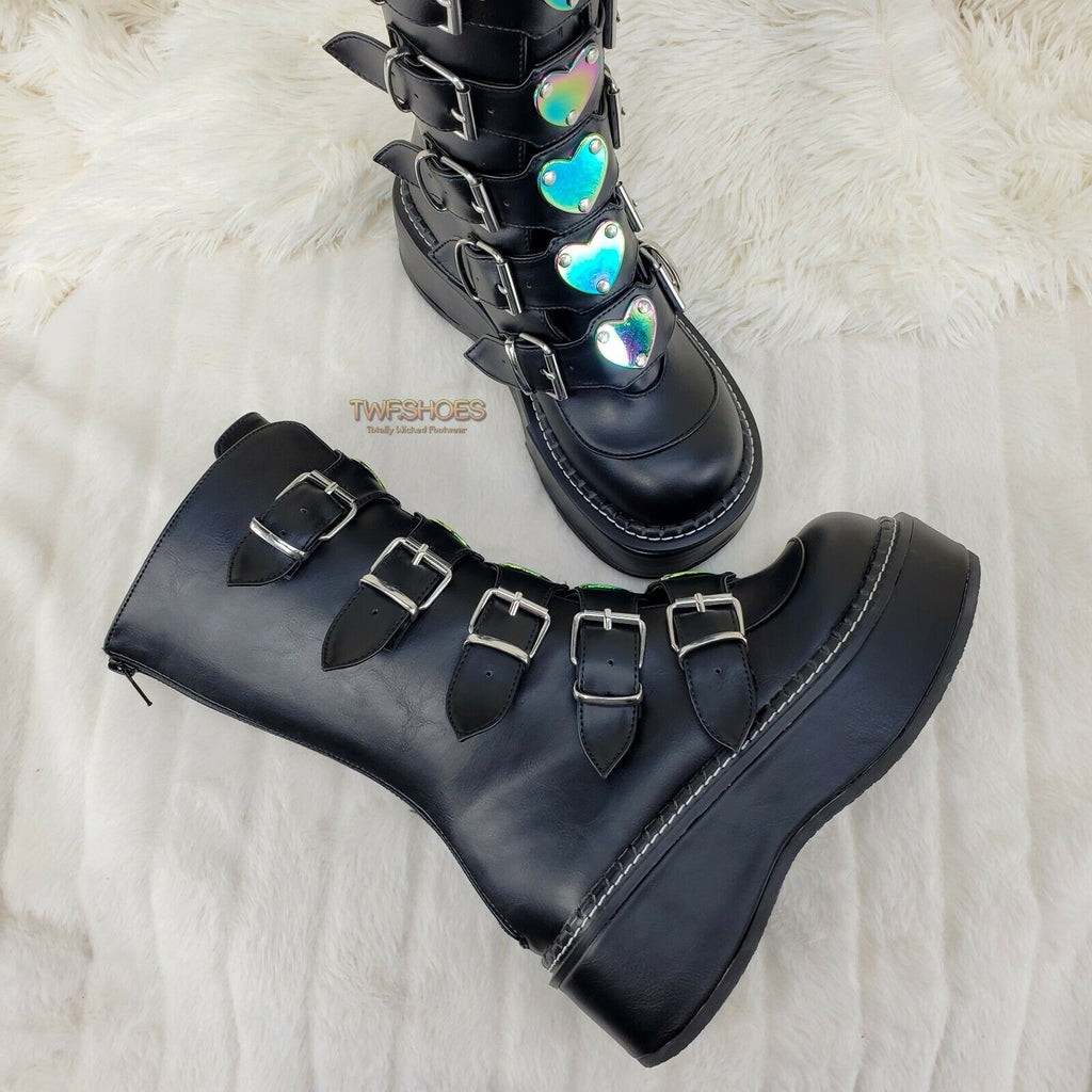 Demonia Emily 330 Black Matte 2" Platform Metal Heart Plate Combat Boots 6-12 NY - Totally Wicked Footwear