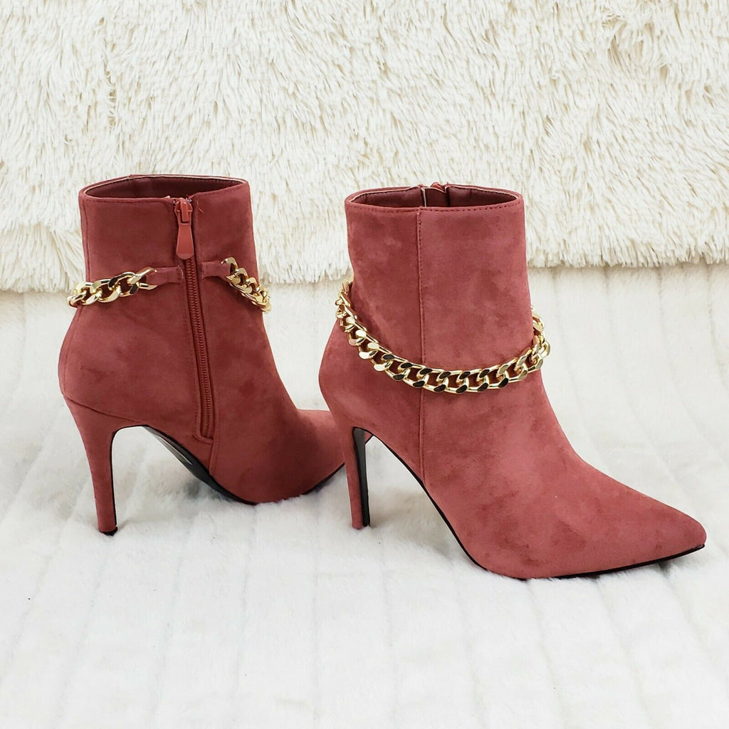 Mata Rose Pink FX Suede & Chain Sexy Pointy Toe 4" Stiletto Heel Ankle Boots - Totally Wicked Footwear