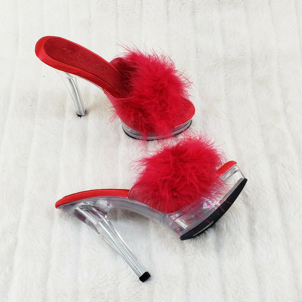 Majesty 501 Marabou Feather Slip On Platform Sandals 6" Stiletto Heel Shoes Red - Totally Wicked Footwear