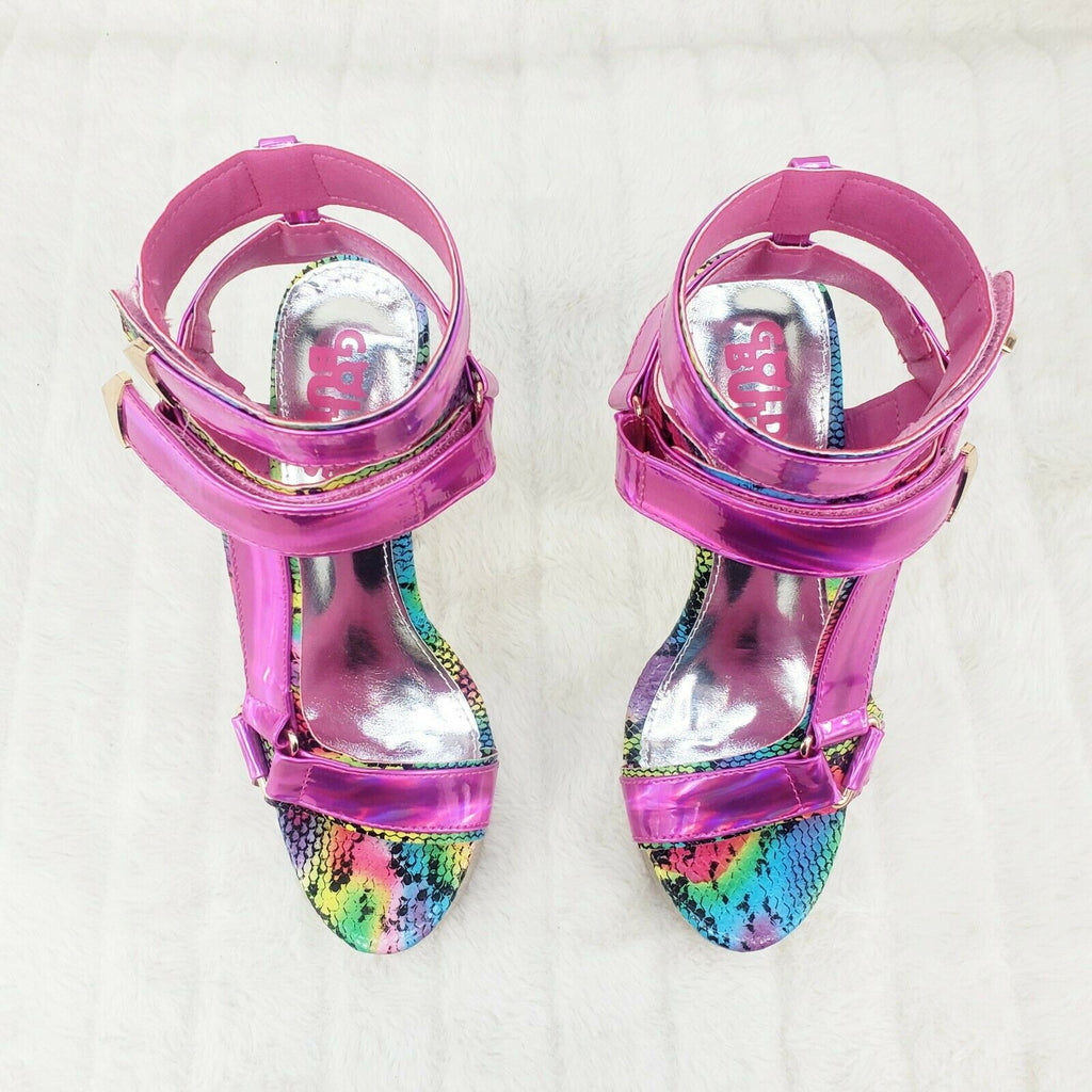 Xapala Fuchsia Hologram Harness Strap Clear Platform Shoes - Totally Wicked Footwear