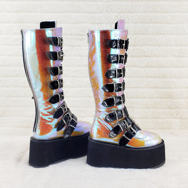 Damned 318 Multi Strap 3.5" Platform Cyber Punk Knee Boots Pink Hologram NY - Totally Wicked Footwear