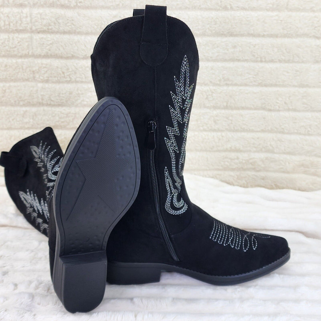 Bella Western Mid-calf Cowboy Cowgirl Boots Tan Low 1.5" Heels Black Faux Suede - Totally Wicked Footwear