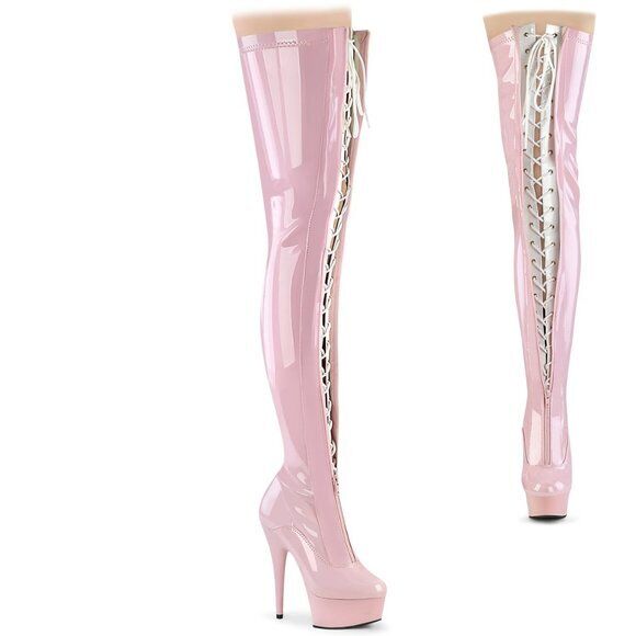 Baby Pink White Patent Platform Thigh High Heel Front Zipper Lace up Boots 3027 - Totally Wicked Footwear