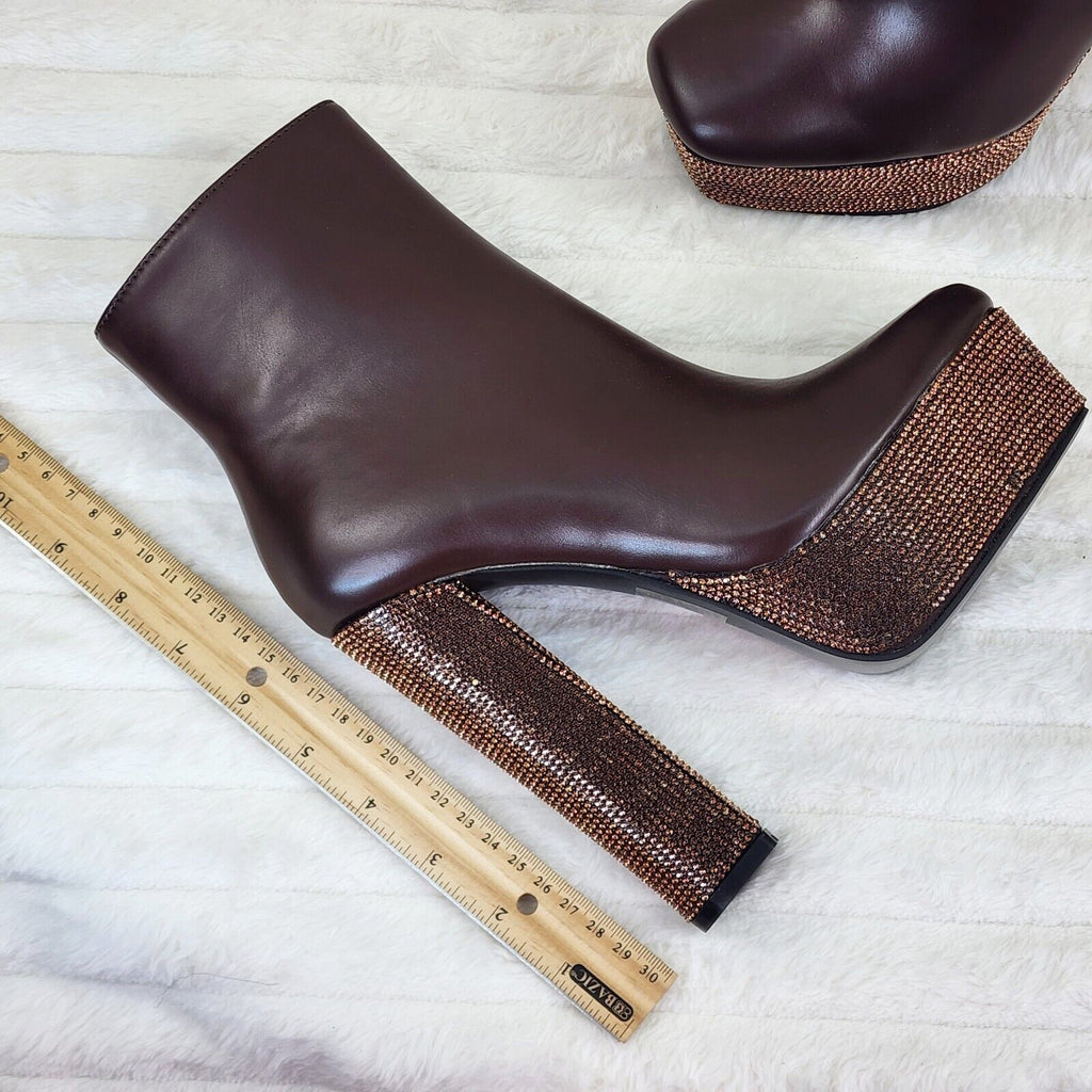 Nikki Brown Leatherette Rhinestone Platform Chunky Heel Ankle Boots - Totally Wicked Footwear