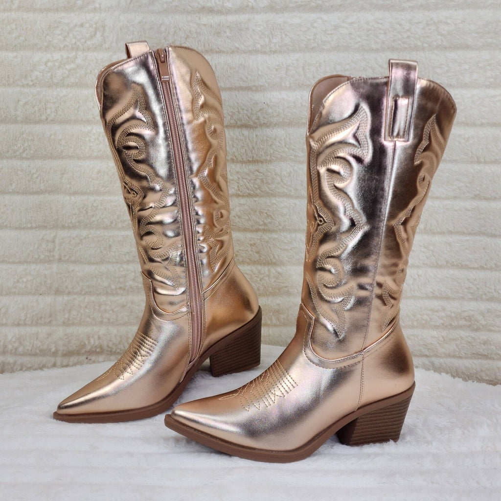 Disco Cowgirl Metallic Rose Gold Cowboy Knee Boots Western Block Heels US Sizes - Totally Wicked Footwear