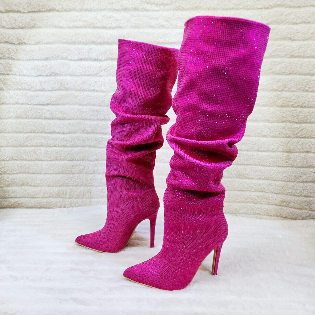 Radiant Fuchsia Pink Rhinestone High Heel Slouch Knee High Boots - Totally Wicked Footwear