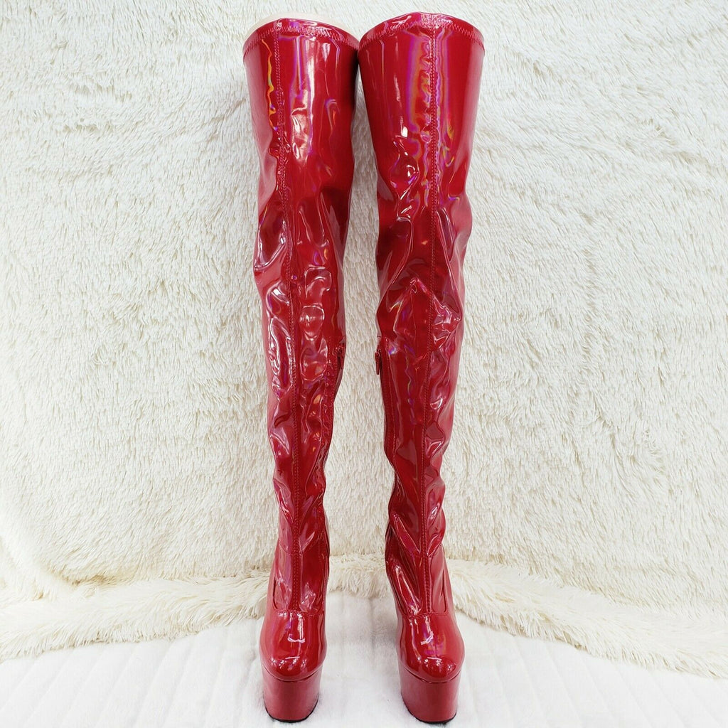 ADORE 3000 Red Hologram Patent Over The Knee Platform Thigh Boot 7" Heel 5 -14 - Totally Wicked Footwear
