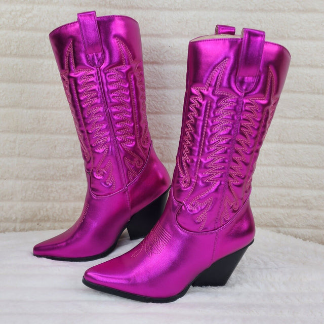 Disco Cowgirl Metallic Hot Pink Cowboy Knee Boots Western Block Heels US Sizes - Totally Wicked Footwear