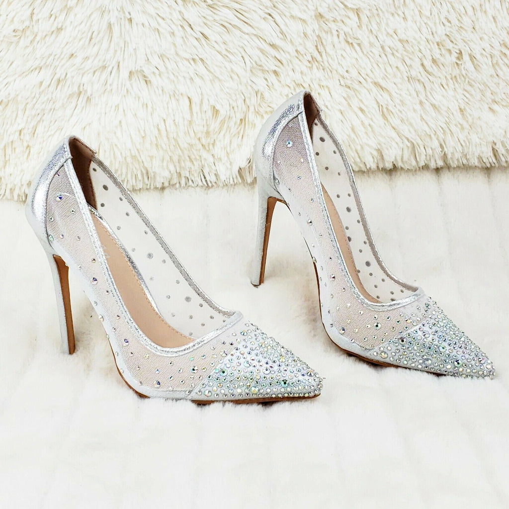 Krayzie Silver Mesh Jeweled 4.5" High Heel Stiletto Shoes Pointy Toe Pumps 6-10 - Totally Wicked Footwear