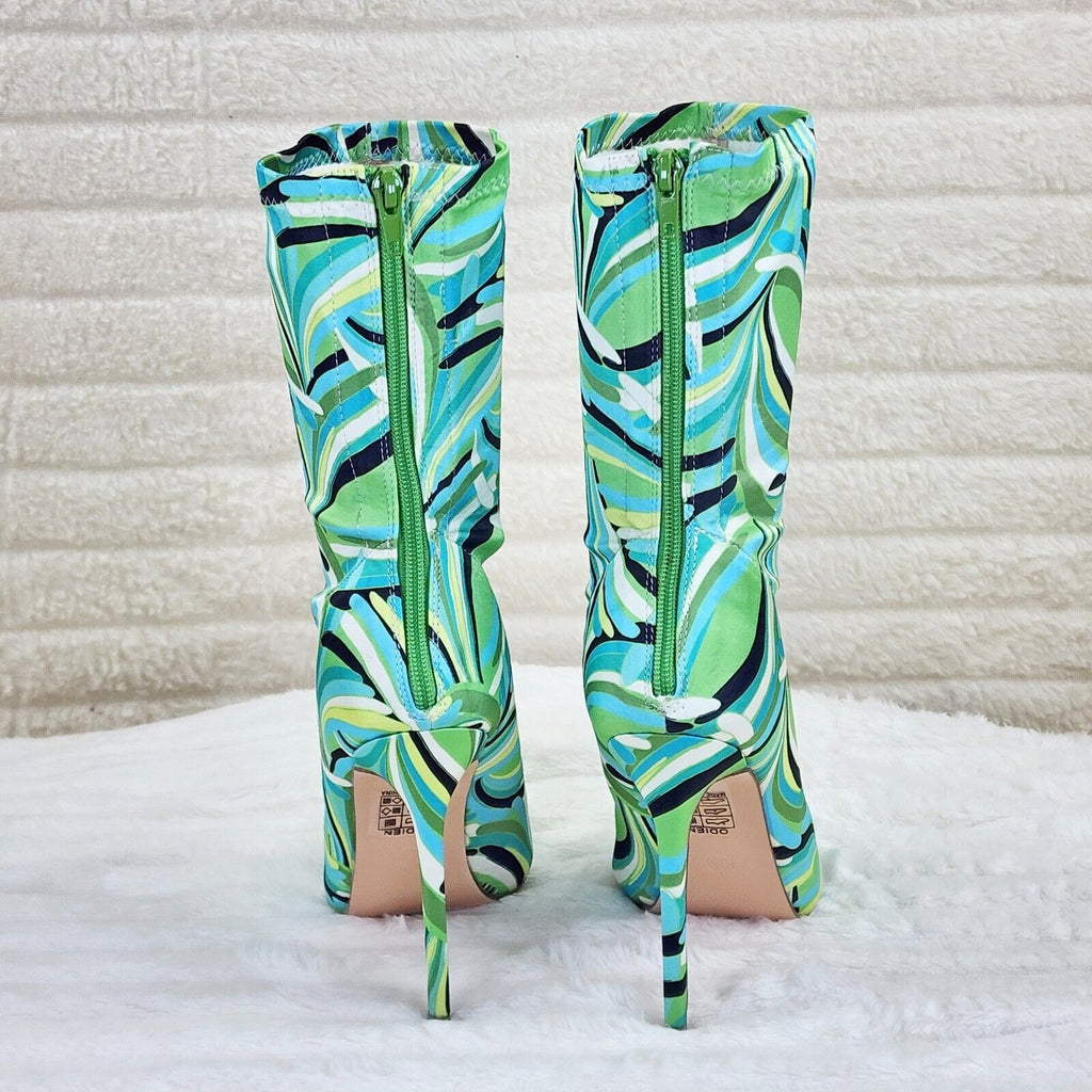 Odin Crazy Wild Color Pattern High Heel Stretch Fabric Ankle Boots - Green Blue - Totally Wicked Footwear