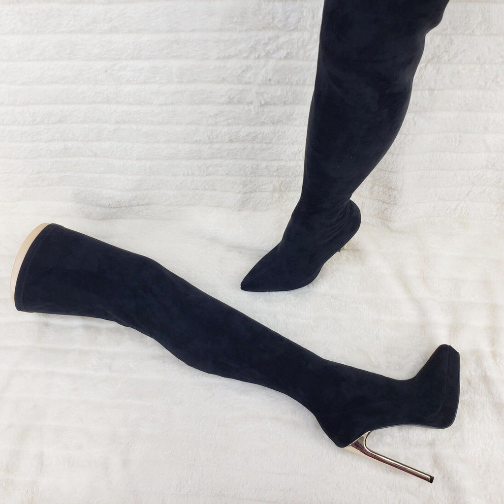 Sexy Girlz Faux Stretch Black Suede High Heel Pointy Toe Platform Thigh Boots - Totally Wicked Footwear