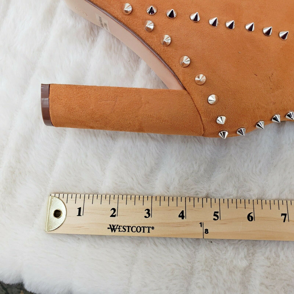 Steph Tan Camel Faux Suede Silver Tone Studded Thigh High Chunky Heel Boots - Totally Wicked Footwear