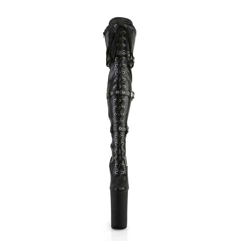 Beyond 3028 Buckle Lace Up Thigh High Black Matte Boots 10" Heels - Totally Wicked Footwear
