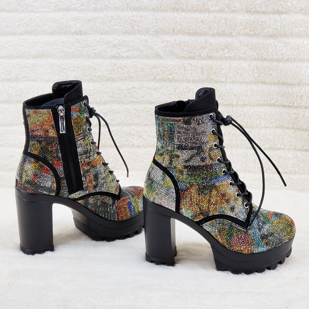News Story Multi Sparkle Rhinestone Lug Sole Chunky High Heel Ankle Boots - Totally Wicked Footwear